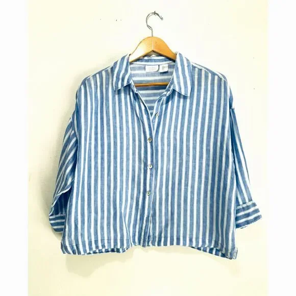 Sigrid Olsen 100% linen crop button up shirt blue stripe coastal beach women L - Picture 1 of 7